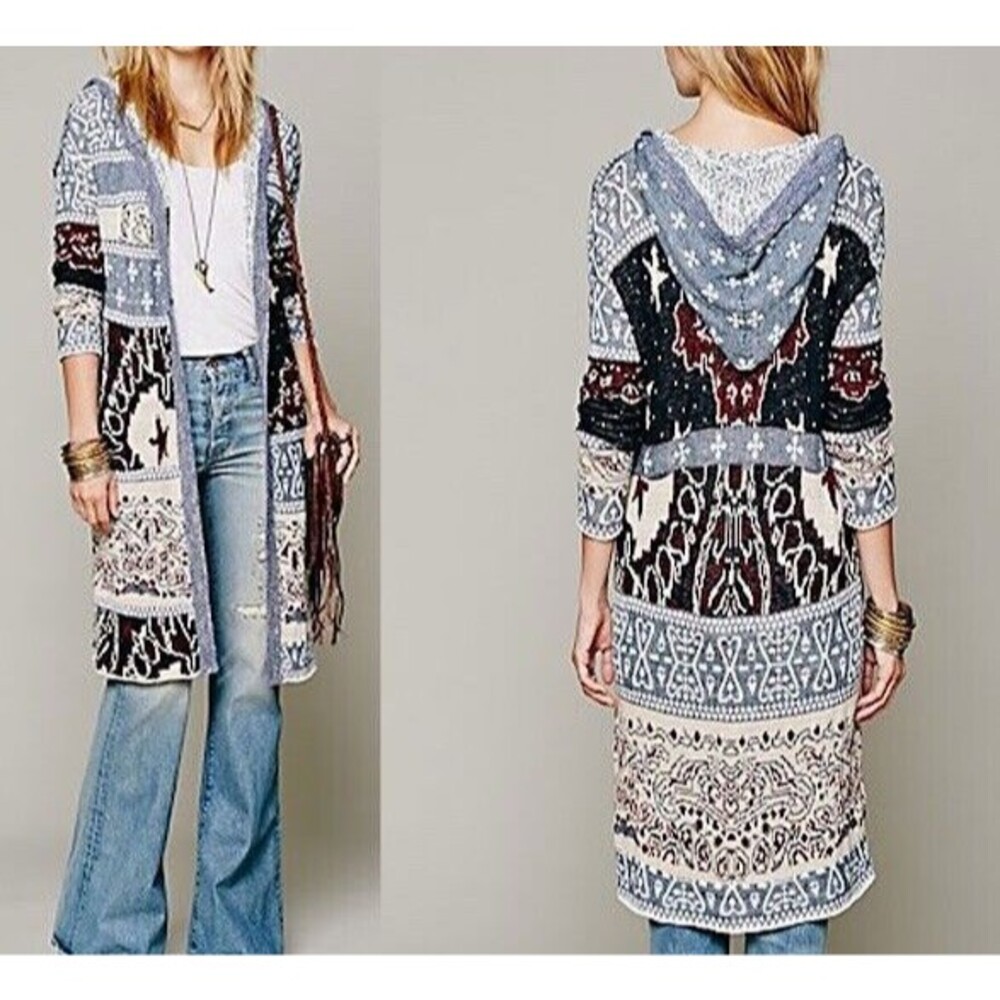 Free People Blue and Cream Patterned Cardigan